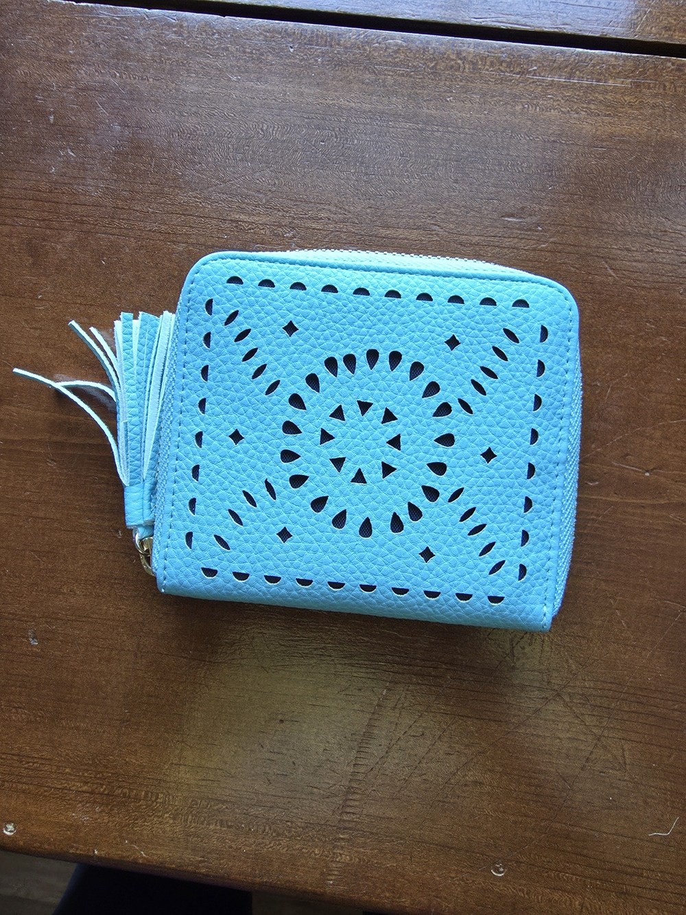 Cleobella Turquoise Laser-Cut Zip Wallet with Tassel